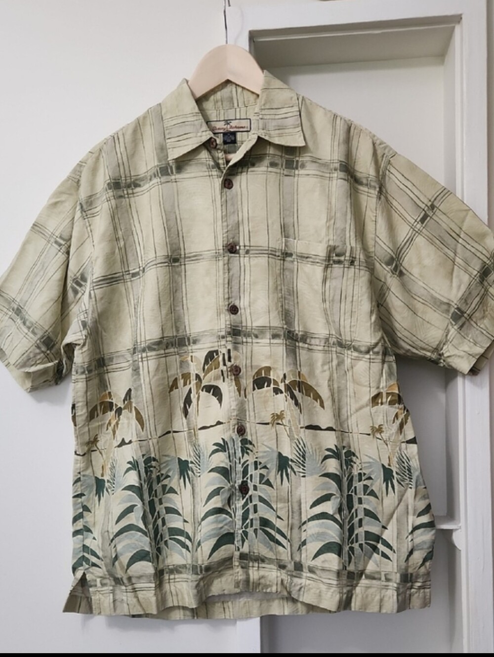 Tommy Bahama Vintage 100% Silk Plaid Palm Tree Border Print Camp Shirt M - Picture 3 of 16